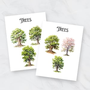 May include: Two sheets of paper with the word "TREES" printed at the top. Each sheet features five watercolor illustrations of different trees, including a pink-flowering tree.