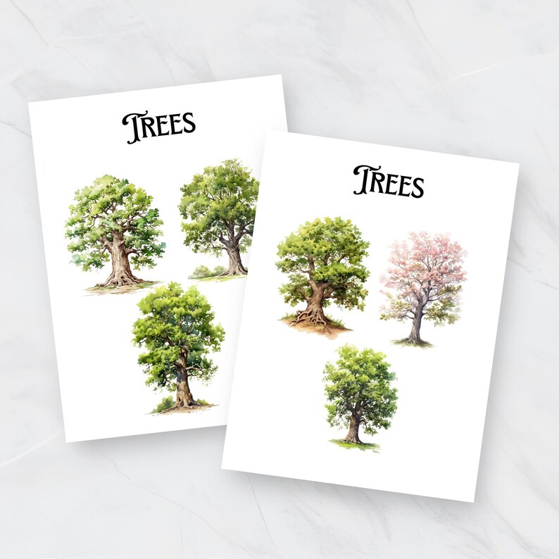 May include: Two sheets of paper with the word "TREES" printed at the top. Each sheet features five watercolor illustrations of different trees, including a pink-flowering tree.