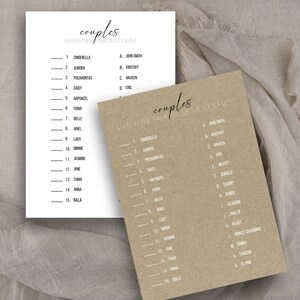 May include: Two printable game cards with a brown background. The cards are titled "Couples" and feature a list of famous couples from Disney movies. The first card lists the female characters and the second card lists the male characters.