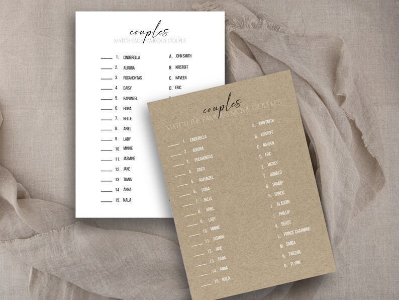 May include: Two printable game cards with a brown background. The cards are titled "Couples" and feature a list of famous couples from Disney movies. The first card lists the female characters and the second card lists the male characters.