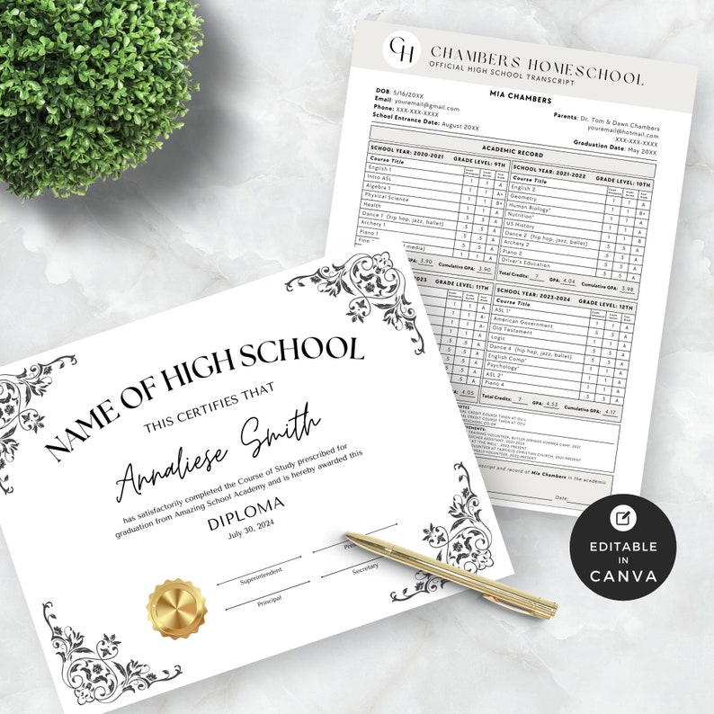 Canva Homeschool Transcript and Diploma Template, Editable Homeschool