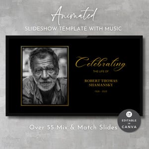 Funeral Slideshow Canva, Celebration of Life Photo Slideshow Template, Create Your Own Presentation, Memorial Video, Simple Black & Gold-F03