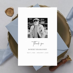 Cartes de remerciement pour les funérailles avec photo, note imprimable pour la célébration de la vie, carte de remerciement modifiable avec sympathie, modèle de toile commémoratif-F01