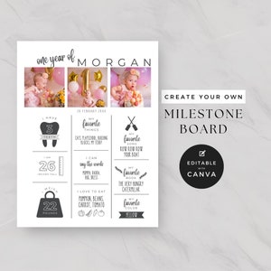 Baby Milestone Board, Baby Stat Poster, 1st Birthday Photo Collage Sign, Party Supplies, Printable Modern Milestone Decor, One Year Of