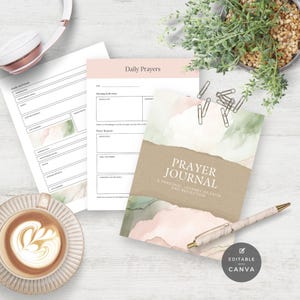 May include: A printable prayer journal with a watercolor background in shades of pink and green. The cover features the text "Prayer Journal" and "A Personal Journey of Faith and Reflection". The journal is editable with Canva.
