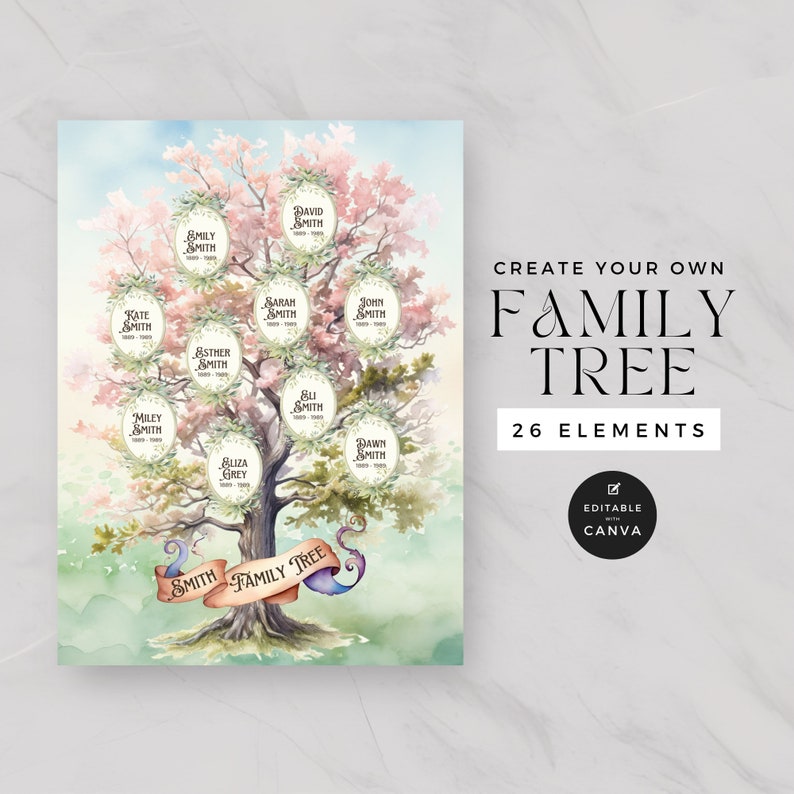 May include: A watercolor illustration of a family tree with pink and green leaves. The tree has 26 oval-shaped leaves with names and the text "Smith Family Tree". The text "Create Your Own Family Tree" and "26 Elements" is also included. The image is editable in Canva.