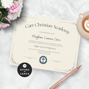 Home School Diploma With Seal, Christian Graduation Canva Template, High School Diploma For Homeschool Printable PDF, Editable Certificate