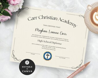 Christian Homeschool Diploma Template: Editable Graduation Certificate (Canva)