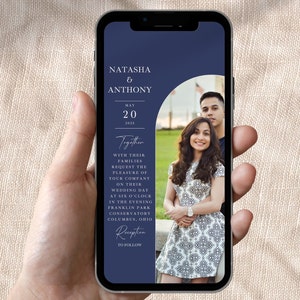 Digital Wedding Invitation Template in Canva, Image Smartphone Electronic Invitation, Simple Editable Wedding Evite for Mobile in Navy -N01