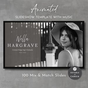 Op de afbeelding: Zwart-wit diavoorbeeldsjabloon met muziek. De sjabloon bevat een foto van een persoon met een hoed. Tekst omvat "Animated Slideshow Template with Music", "Nella Hargrave" en "Crimson Ridge High Graduate". Bewerkbaar in Canva.