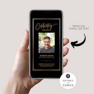 Canva DIGITAL Funeral Program Template 8 Page, Editable Black & Gold Obituary, In Loving Memory, Memorial Celebration of Life - F03