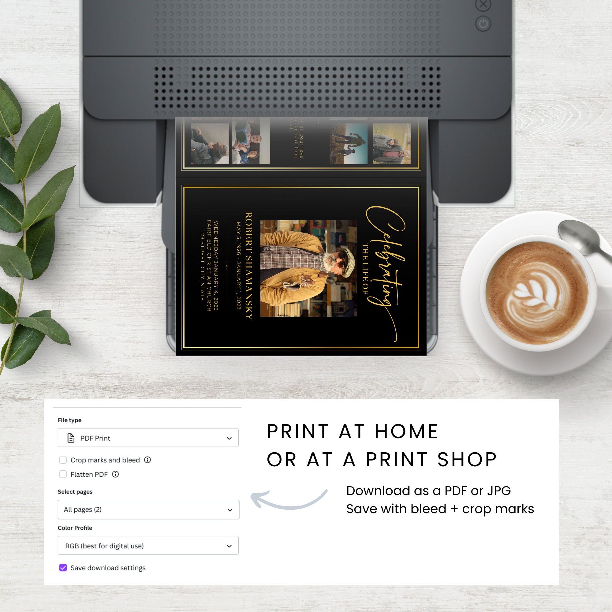 Canva Funeral Program Template 8 Page, Editable Bi-fold Black & Gold ...