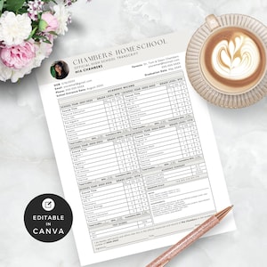 Puede incluir: Una transcripción de escuela en casa con el texto "Chambers Homeschool" y "Official High School Transcript". El documento incluye registros académicos, una foto y el texto "Editable in Canva". También se ven una taza de café y un bolígrafo.