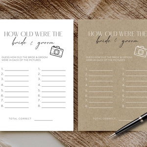 Modello Canva per giochi di nozze, Addio al nubilato: quanti anni aveva la sposa e lo sposo? Gioco, Attività per feste modificabili e stampabili, Cerimonia al tavolo del ricevimento