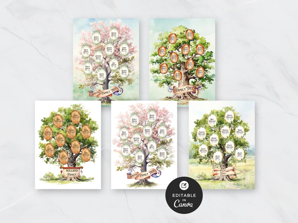 Watercolor Family Tree Canva Template Editable Genealogy - Etsy