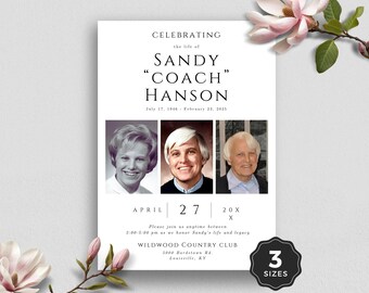 May include: A white memorial card with the text "CELEBRATING the life of SANDY 'COACH' HANSON" and three portrait photos. The card includes the date "July 17, 1946 - February 23, 2025" and event details. A black circle with the text "3 SIZES" is in the bottom right.