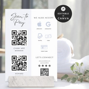 Scan To Pay Card Bearbeitbares QR-Code-Zeichen, Cashapp Paypal-Zeichen für kleine Unternehmen, Venmo-Zahlung druckbar, DIY-Preislistenvorlage Canva