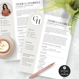 May include: A black and white printable homeschool curriculum template with the text "Amanda Chambers Homeschool 2024-2025 School Year" and a monogram of "CH" in a circle. The template includes sections for contact information, interests, school/co-op attended, courses, and extracurricular activities.