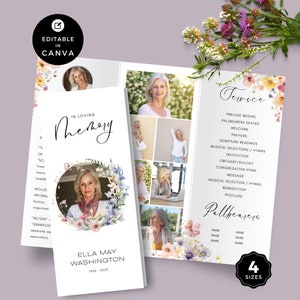 Puede incluir: Una plantilla de programa de funeral con un diseño floral. El programa incluye un collage de fotos del fallecido, una sección para el orden del servicio y una sección para los portadores del féretro. Los textos "En memoria cariñosa" y "Servicio" están escritos en una fuente de letra cursiva. El texto "Ella May Washington 1926-2023" está impreso debajo de una corona de flores.
