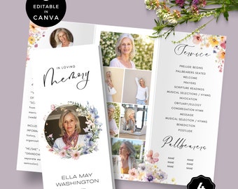 Wildflower Funeral Program Template: Celebration of Life (Canva Editable, 11x17 Printable)