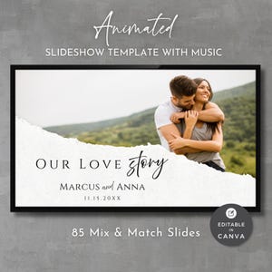 Op de afbeelding: Een zwart omlijst sjabloon voor een diavoorstelling met de tekst "Animated SLIDESHOW TEMPLATE WITH MUSIC". De afbeelding toont een stel dat elkaar omhelst, met de woorden "OUR LOVE story" en de namen "MARCUS and ANNA" eronder. De datum "11.15.20XX" is ook opgenomen.