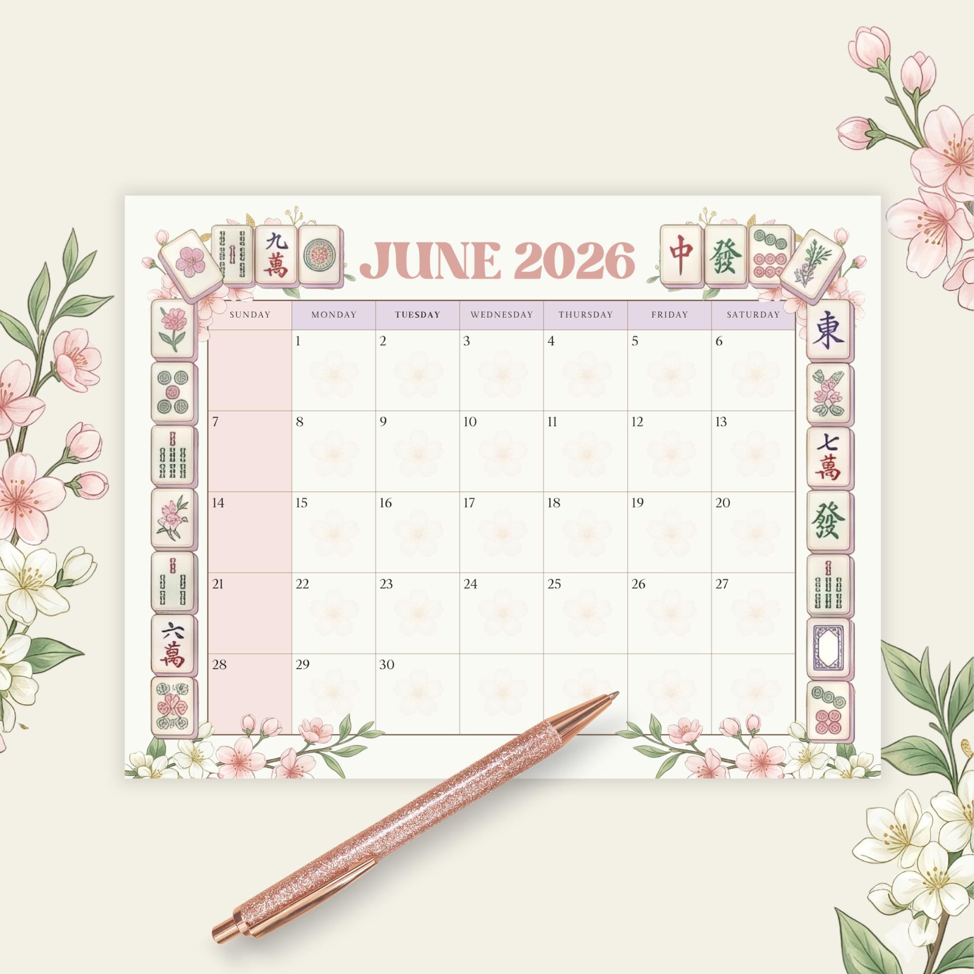 June 2026 Mahjong Calendar Template | One Page Printable | Editable ...