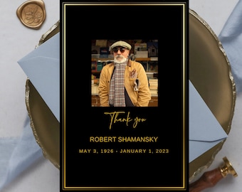 Tarjeta de agradecimiento con foto editable para funeral: Celebración de la vida (plantilla de Canva)