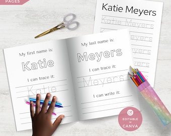 May include: A workbook with the name "Katie Meyers" for tracing and writing practice. The workbook is open to a page with the name "Katie" and "Meyers" printed in large letters. A hand holds colored pencils over the page. Scissors and a pencil case are also visible.