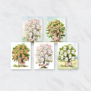 May include: Four printable family tree templates with watercolor illustrations of trees with leaves in shades of green, pink, and brown. Each template has a banner at the bottom with the words "Family Tree" and the name of the family.