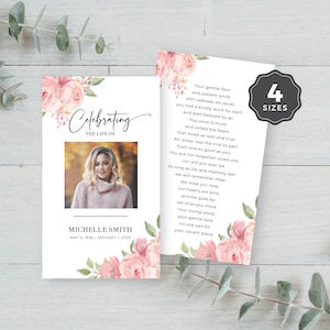 Carte de prière commémorative avec photo, modèle modifiable de carte de prière pour les funérailles, cartes mémoire personnalisées, modèle sur toile roses roses - F05
