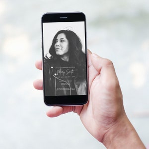 Plantilla de invitación al funeral Canva con foto, folleto de anuncio conmemorativo editable, texto de descarga instantánea Evite, tarjeta personalizada de descanso en paz -F08