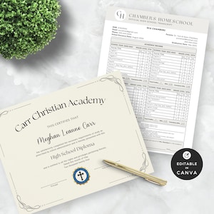 Homeschool Trancipt Template Canva, bearbeitbarer Akademischer Satz, christliches Abitur, Abschlussvorlagenpaket, Zeugnis