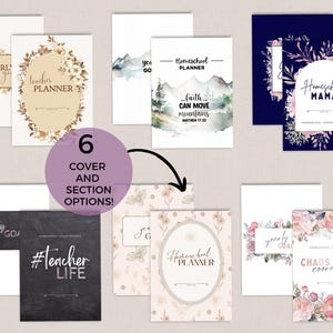Op de afbeelding: Zes verschillende afdrukbare omslagen voor een homeschool-planner. De omslagen hebben verschillende ontwerpen, waaronder bloemmotieven, aquarel landschappen en krijtbord achtergronden. De tekst op de omslagen is "Homeschool Planner", "Teacher Planner", "Homeschool Mama", "#Teacher Life", "Chaos Coordinator" en "Faith Can Move Mountains".