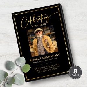 Canva Funeral Program Template 8 Page, Editable Bi-Fold Black & Gold Obituary Printable, In Loving Memory, Memorial Celebration of Life F03