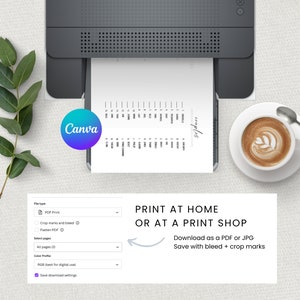 May include: A white printer with a sheet of paper coming out of it. The paper has a list of words on it. The text on the paper says "complete". The text on the screen says "PRINT AT HOME OR AT A PRINT SHOP Download as a PDF or JPG Save with bleed + crop marks".