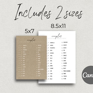 May include: Two printable game cards with the title "couples" and a list of Disney couples. The cards are available in two sizes: 5x7 and 8.5x11 inches.