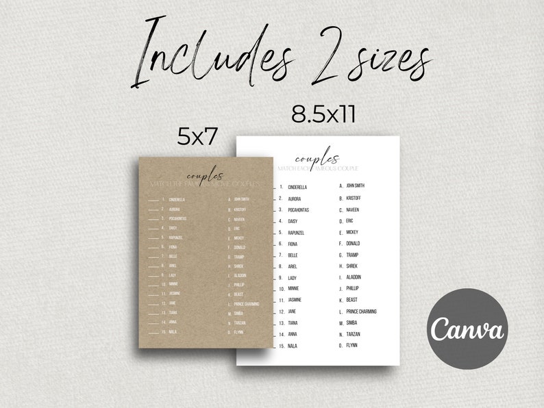 May include: Two printable game cards with the title "couples" and a list of Disney couples. The cards are available in two sizes: 5x7 and 8.5x11 inches.