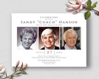Puede incluir: Una tarjeta de invitación blanca con tres fotos de retrato de una persona llamada Sandy "Coach" Hanson. La tarjeta incluye el texto "Celebrando la vida de" y detalles del servicio conmemorativo, incluyendo la fecha, hora y lugar.