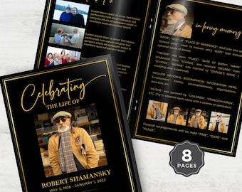 Canva Funeral Program Template 8 Page, Editable Bi-Fold Black & Gold Obituary Printable, In Loving Memory, Memorial Celebration of Life F03