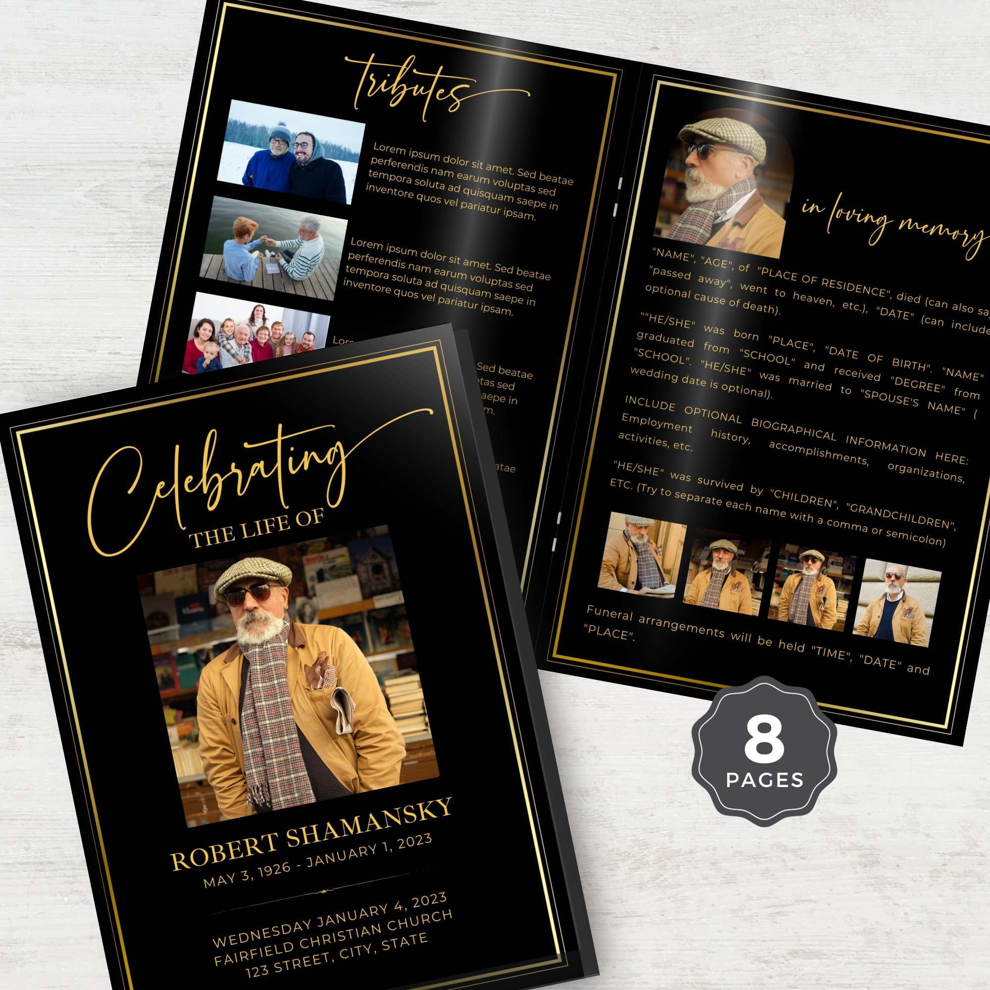 Canva Funeral Program Template 8 Page, Editable Bi-Fold Black & Gold Obituary Printable, In Loving Memory, Memorial Celebration of Life F03