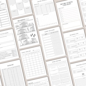 Op de afbeelding: Een set met printbare plannerpagina's met verschillende lay-outs om verantwoordelijkheden, cijfers, gewoontes, leeslogboeken en meer bij te houden. De pagina's zijn zwart-wit met een minimalistisch ontwerp.