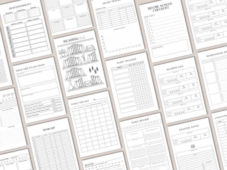Op de afbeelding: Een set met printbare plannerpagina's met verschillende lay-outs om verantwoordelijkheden, cijfers, gewoontes, leeslogboeken en meer bij te houden. De pagina's zijn zwart-wit met een minimalistisch ontwerp.