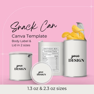 Könnte beinhalten: Eine weiße Snackdosen-Vorlage mit einem Etikett, auf dem "Birthday Boy Nutrition Facts" steht, und Platz für Ihr Design. Die Dose ist 1,3 oz und 2,3 oz groß. Die Dose befindet sich auf einem rosa Hintergrund.