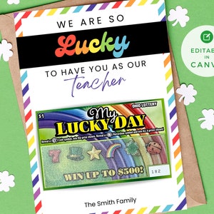 Szablon do edycji DIY | Personalizuj za pomocą Canva | Wydrukuj loterię na dzień św. Patryka | Uchwyt na los na loterię dla nauczycieli