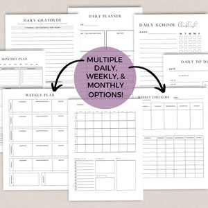 Op de afbeelding: Een set met printbare plannerpagina's met verschillende lay-outs voor dagelijkse, wekelijkse en maandelijkse planning. De pagina's bevatten secties voor taken, afspraken, notities en doelen. De tekst "MULTIPLE DAILY, WEEKLY, & MONTHLY OPTIONS!" staat in een paarse cirkel.