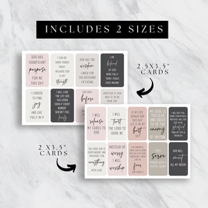 May include: A set of 20 inspirational affirmation cards in two sizes, 2 x 3.5 inches and 2.5 x 3.5 inches. The cards are printed on white cardstock with black and gray text. The cards feature positive affirmations about faith, love, and hope. The cards are perfect for a daily dose of inspiration.