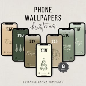 May include: Eight phone wallpapers with a Christmas theme. The wallpapers feature a variety of designs, including a Christmas tree, a star, and the words "Oh Holy Night". The wallpapers are in a neutral color palette of brown, green, and white.