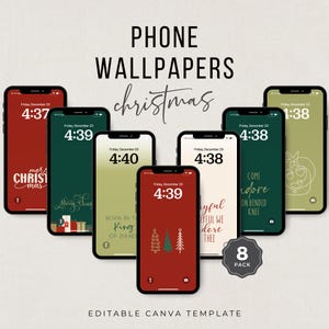 Könnte beinhalten: Acht Weihnachts-Handy-Hintergründe in einem Pack. Die Hintergrundbilder zeigen verschiedene Weihnachtsmotive, darunter einen roten Hintergrund mit Weihnachtsbäumen, einen grünen Hintergrund mit einer Weihnachtsbotschaft und einen weißen Hintergrund mit einer Weihnachtsbotschaft. Die Hintergrundbilder sind für die Verwendung auf einem Smartphone konzipiert.