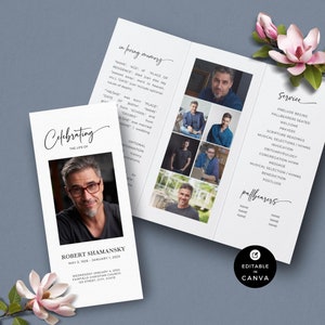 Celebration Of Life Funeral Program Canva Template, A4 Tabloid Trifold Memorial Brochure, DIY Printable Modern Trifold Obituary Template-F01