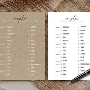 May include: Two printable game cards with a brown and white background. The cards are titled "Couples" and ask players to match famous movie couples. The left card lists female characters and the right card lists male characters.